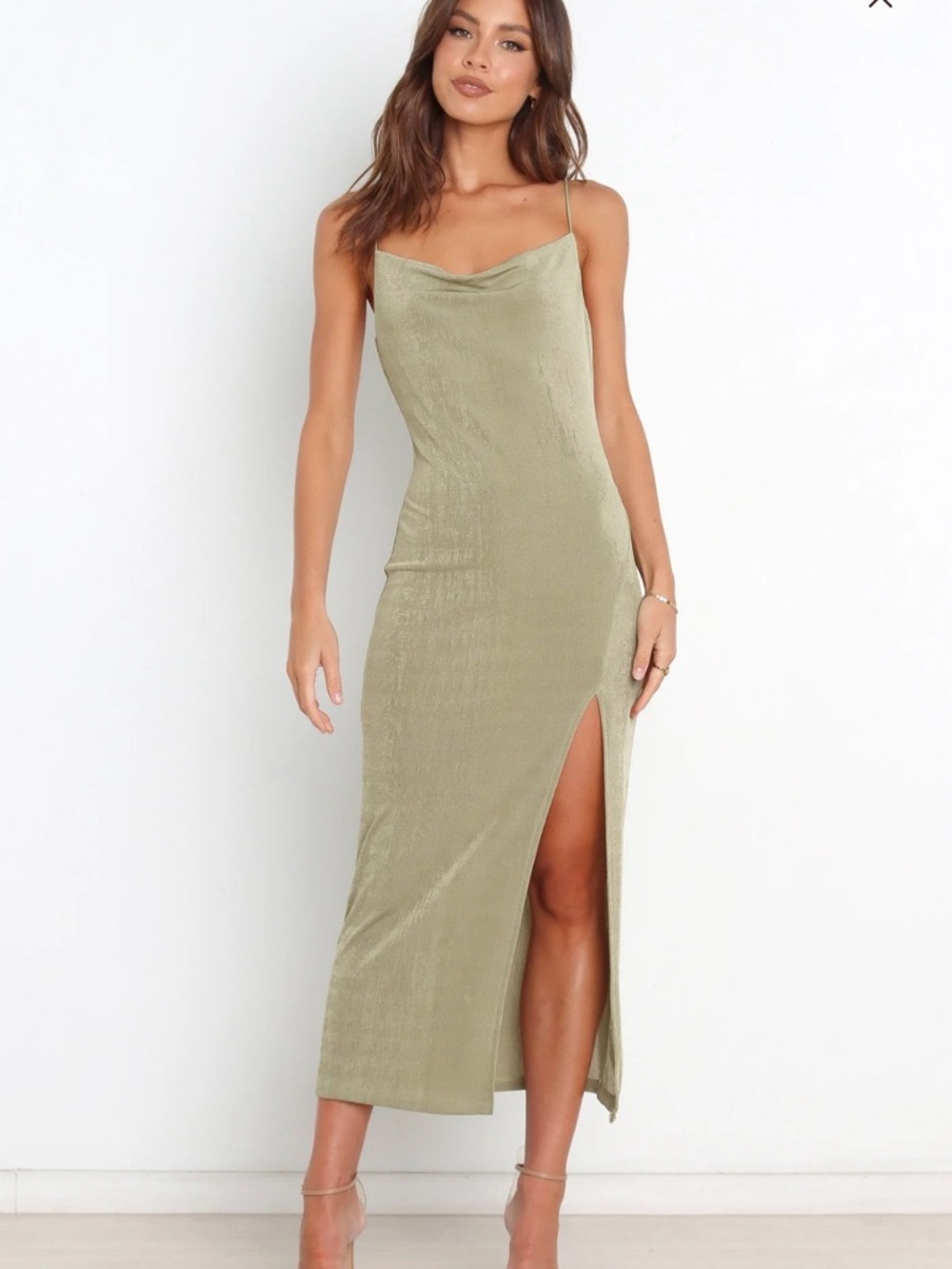 Petal & Pup Olive Green Cowl Neck Midi Dress with Thigh Slit